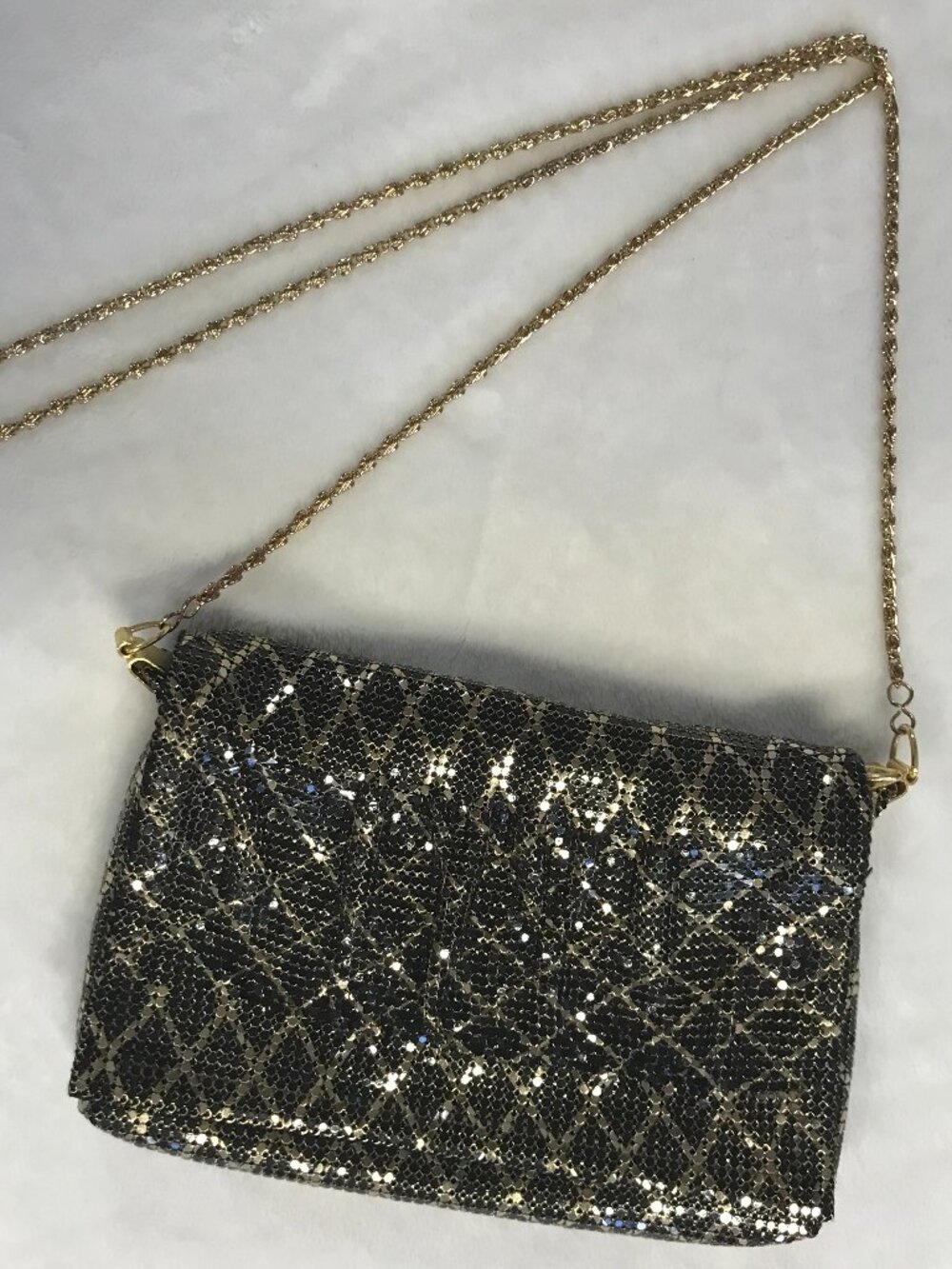 Vintage Black & Gold Metal Mesh Evening Bag Chain Strap Purse